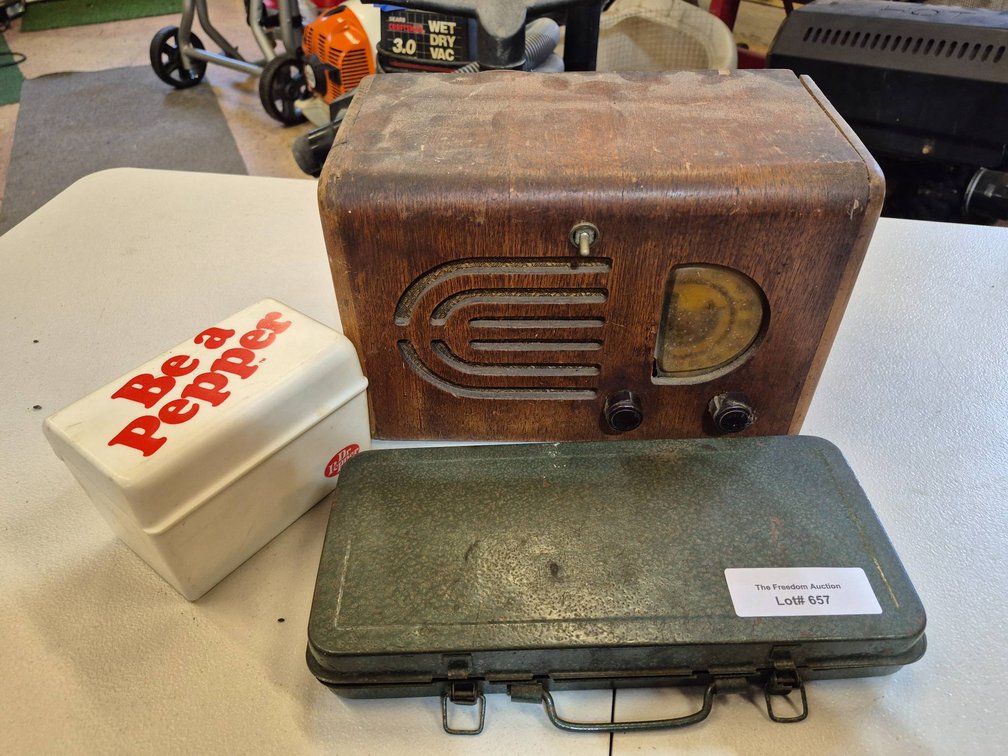 Collection: Vintage Wooden Cabinet Radio, Dr. Pepper Box, Metal Case with Matchbooks