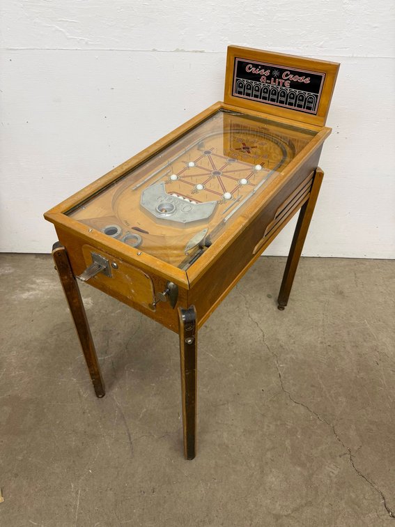 Antique Genco Criss Cross A-Lite Wood Rail Coin-Op Pinball Machine