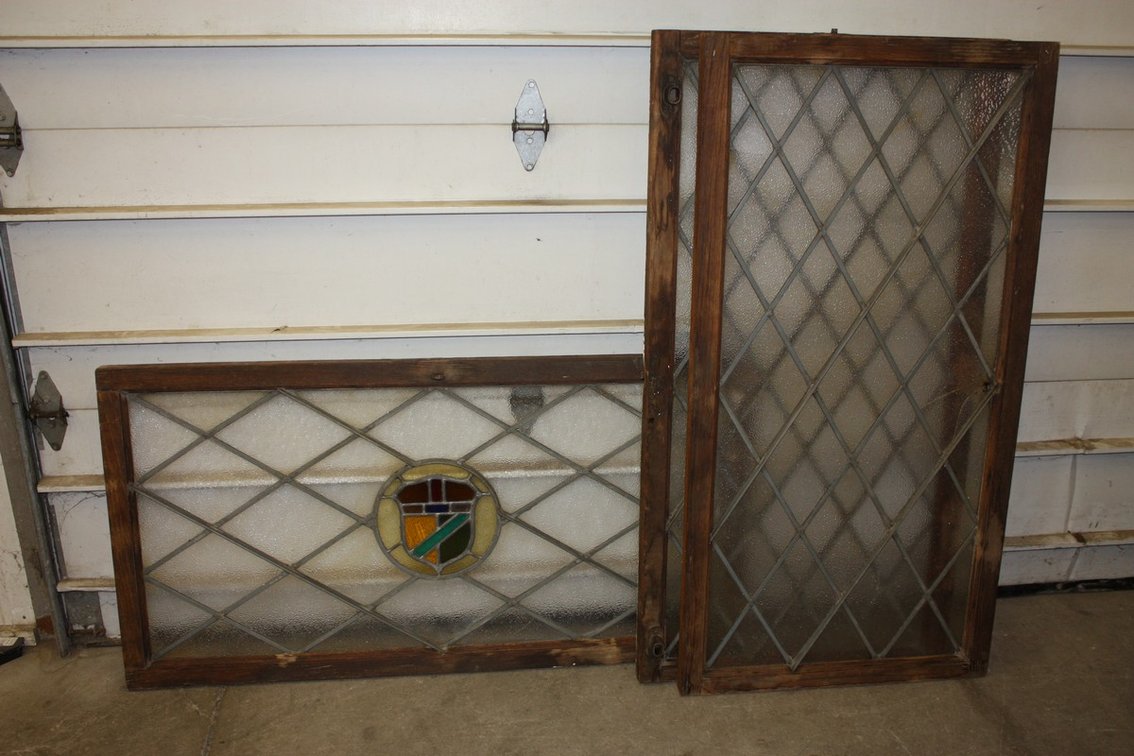 Lot Of Three Antique Leaded Glass Windows, One With Stained Glass Crest