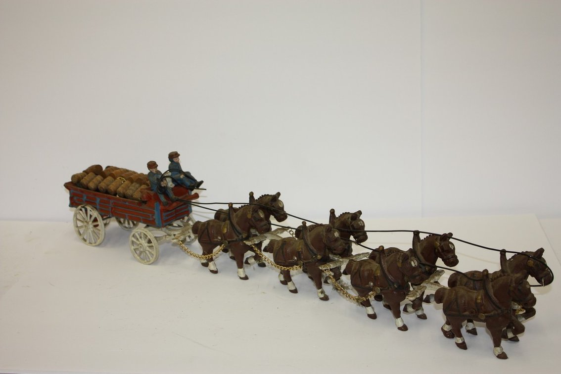 Vintage Cast-Iron Clydesdale Horse-Drawn Beer Wagon