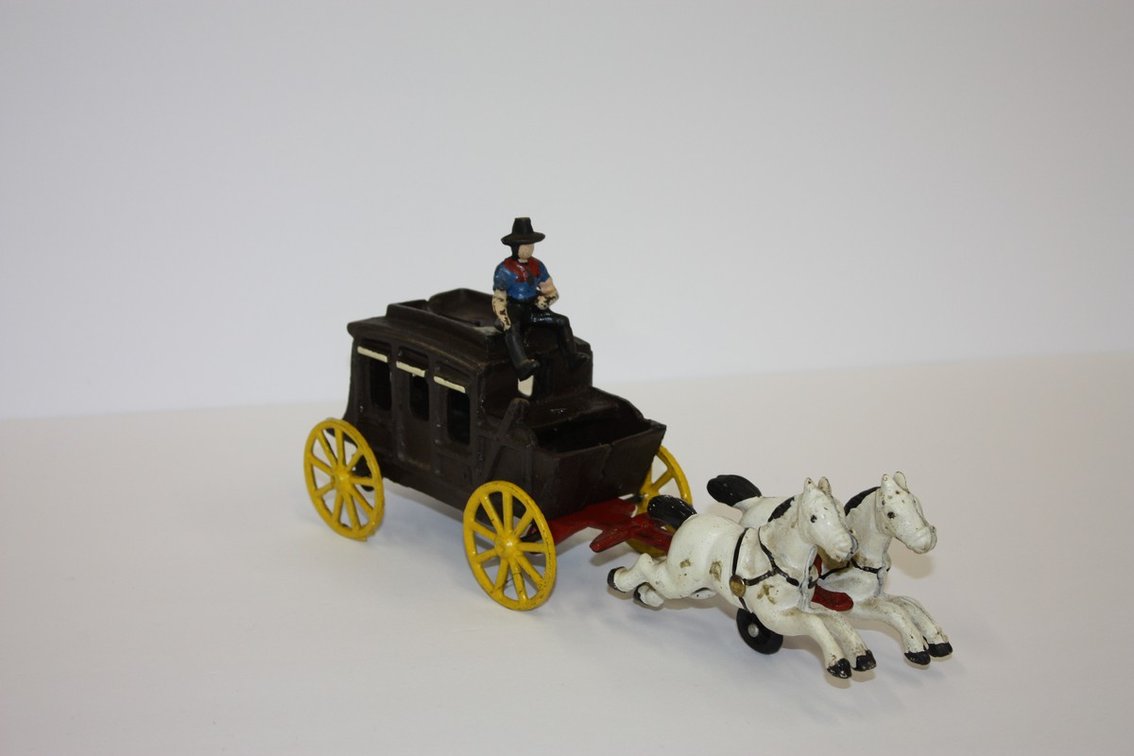 Vintage Cast-Iron Horse-Drawn Stagecoach With Cowboy Driver,