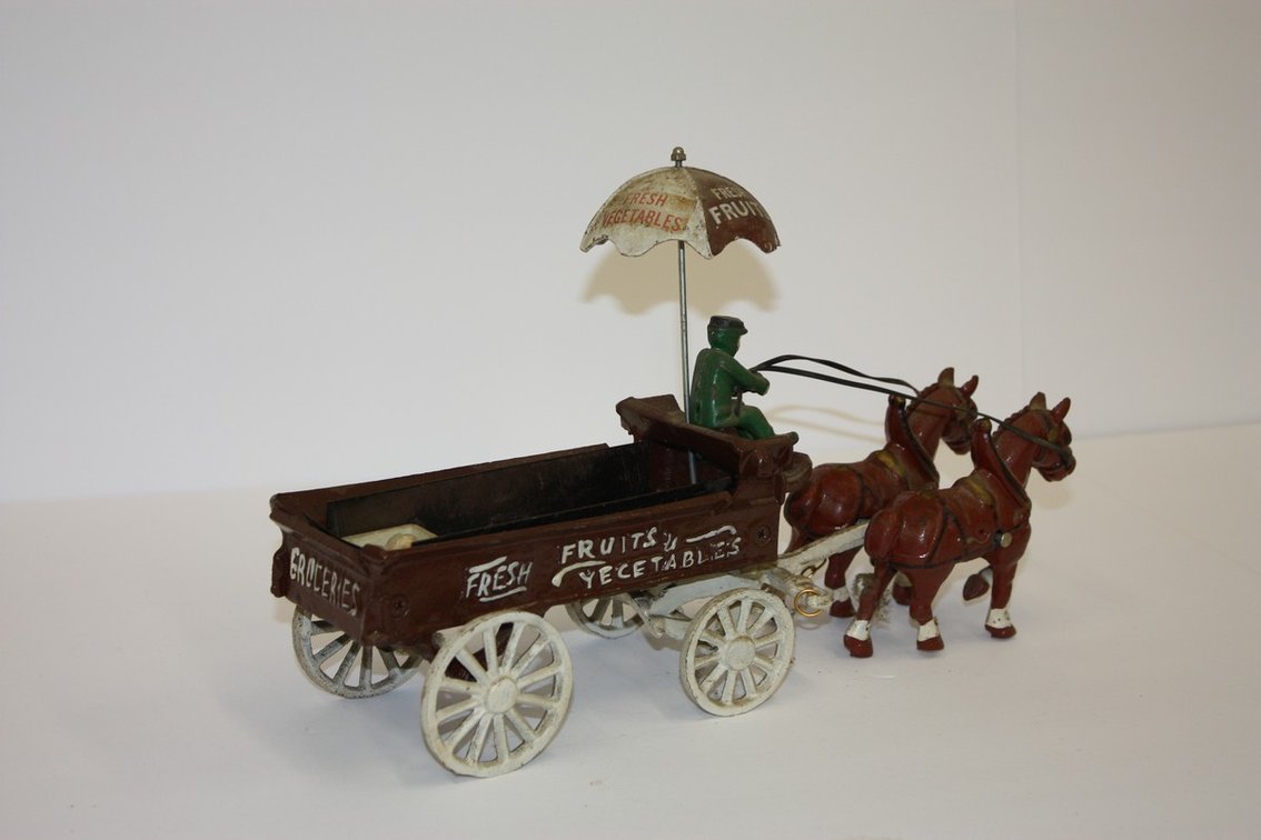 Vintage Cast-Iron Clydesdale Horse-Drawn Wagon, Fresh Fruit And
