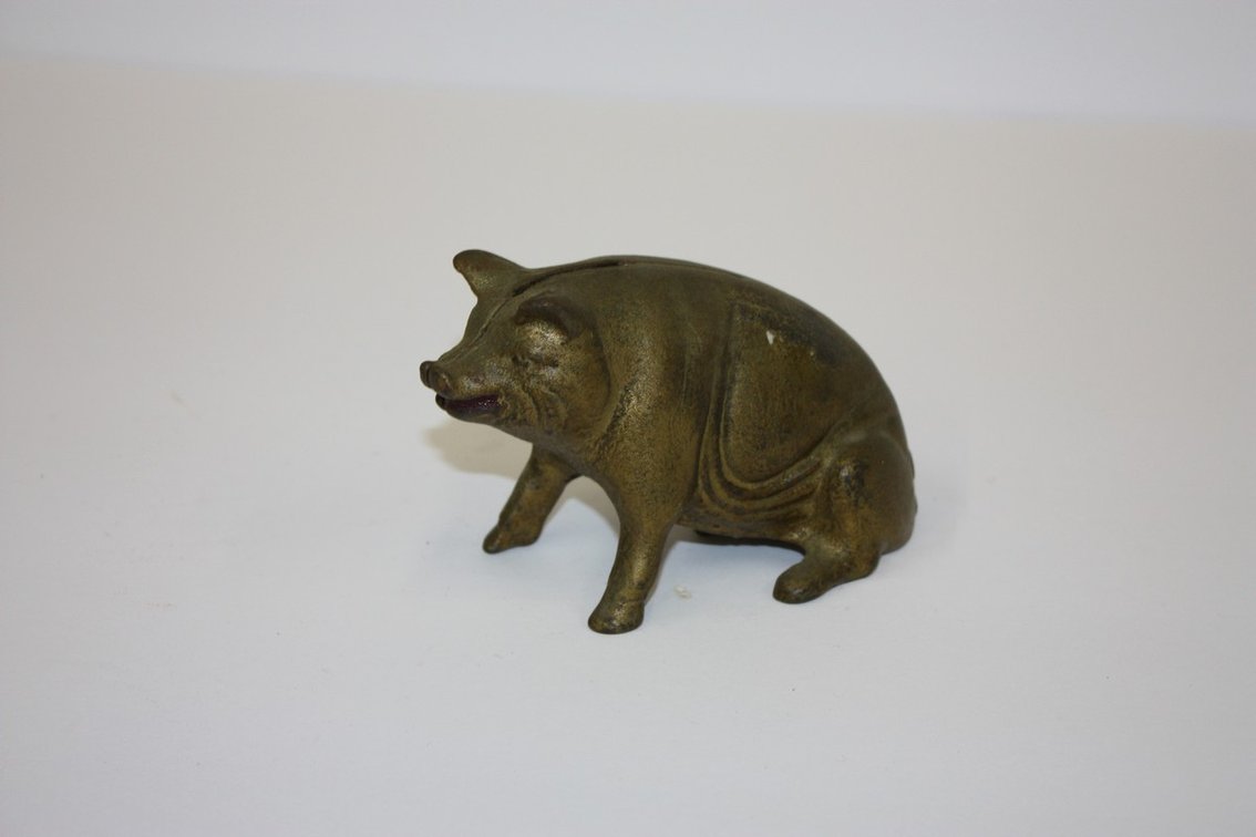 Antique 1920s Cast-Iron Piggy Bank “Sitting Pig,” 5 Inches, A.C.