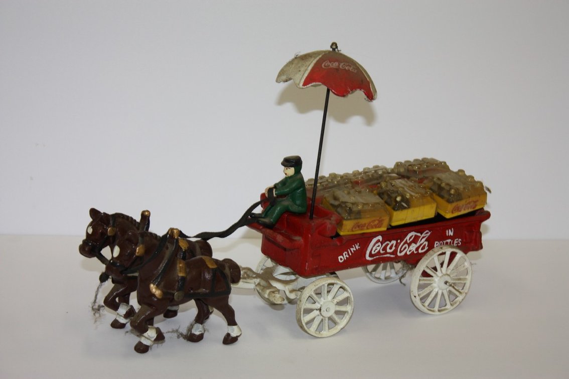 Vintage Cast-Iron Coca-Cola Delivery Wagon With Clydesdale Horses,
