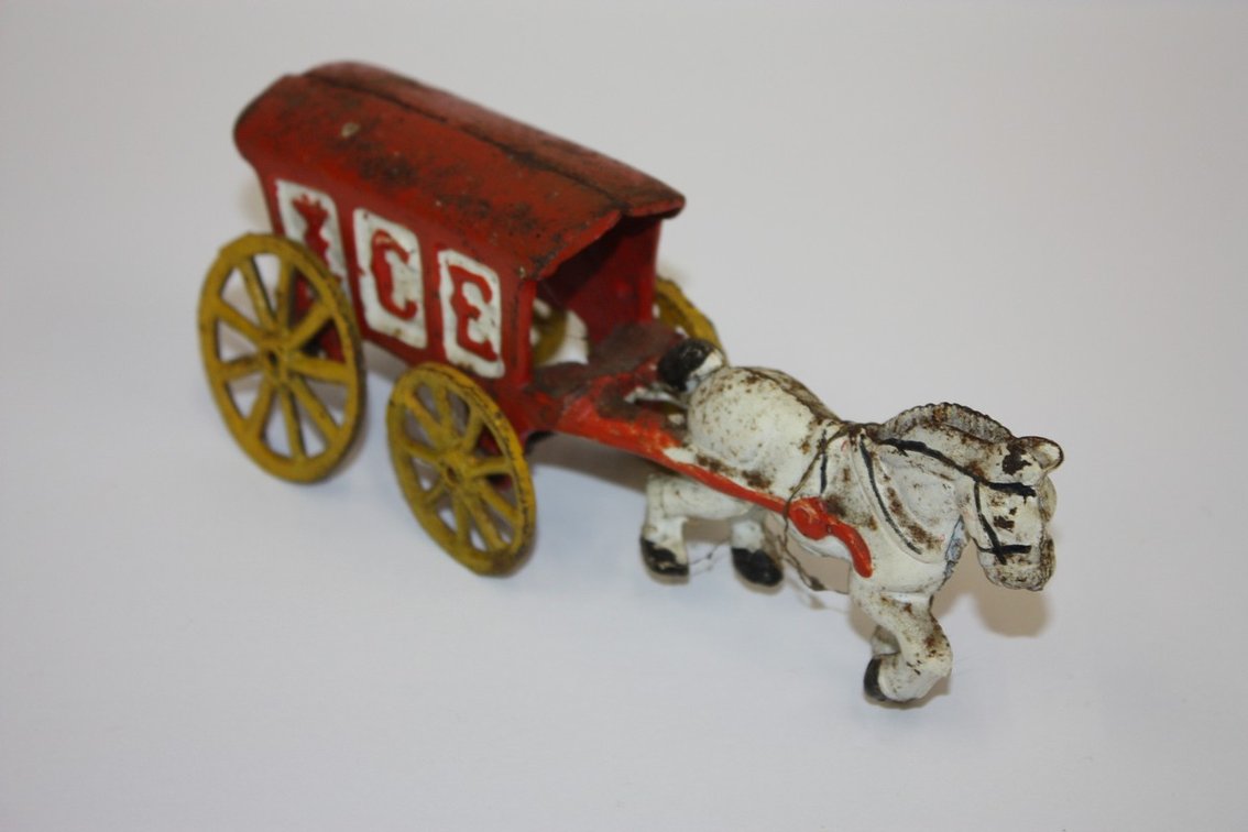 Vintage Cast-Iron White Horse-Drawn Red Ice Cart Buggy Wagon