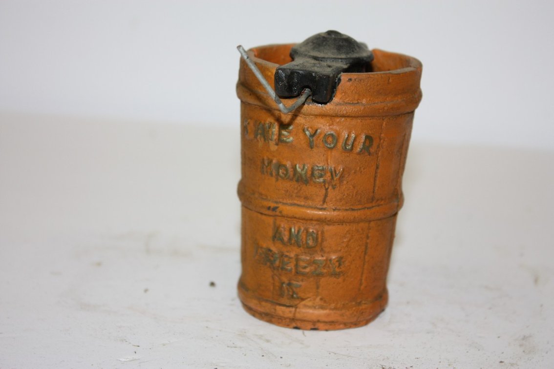 Vintage Cast-Iron Small Barrel Ice Cream Maker Coin Bank, “Save Your