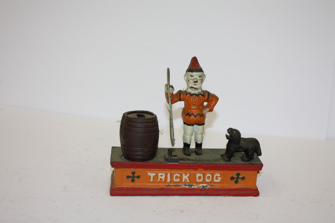 Original Cast-Iron Trick Dog Circus Clown Mechanical Coin Bank