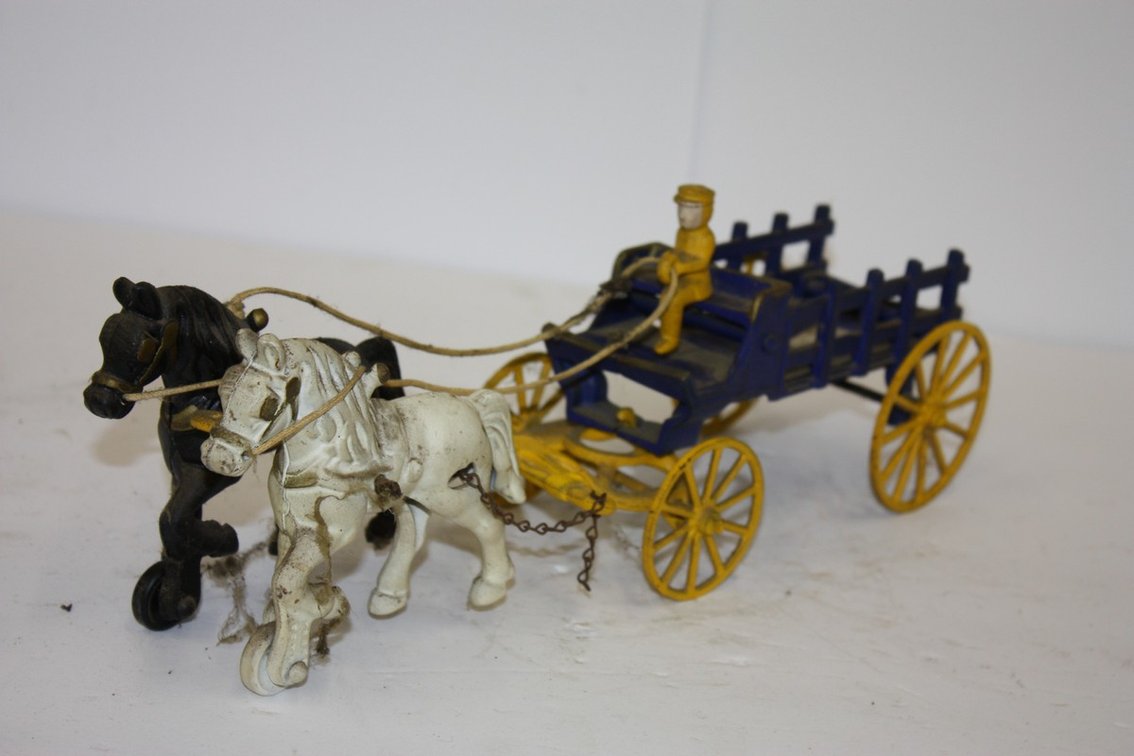 Vintage Cast-Iron Blue And Yellow Wagon Drawn By Two Horses