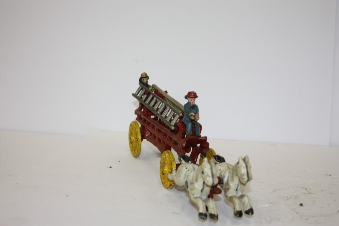 Vintage Cast-Iron Horse-Drawn Fire Truck With Firefighters And Ladders
