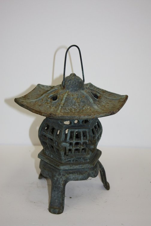 Vintage Large Cast-Iron Green Japanese Pagoda Lantern