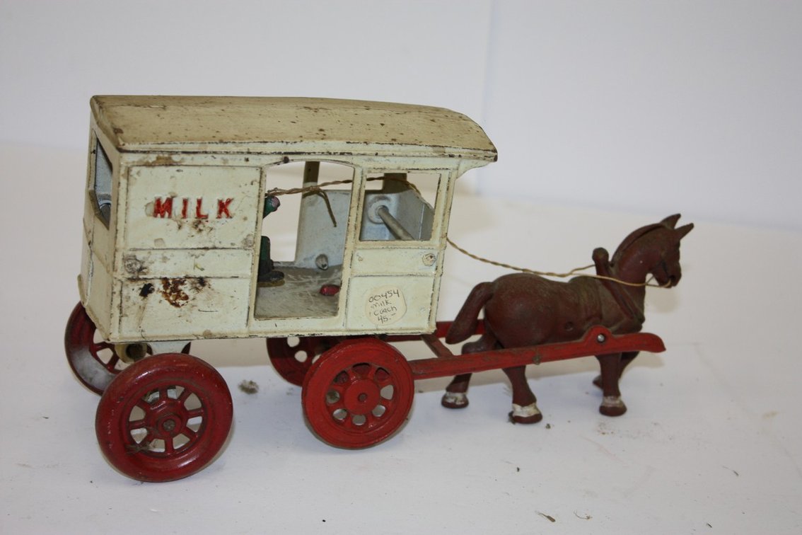 Vintage Cast-Iron Fresh Milk Delivery Horse Cart And Carriage With Driver