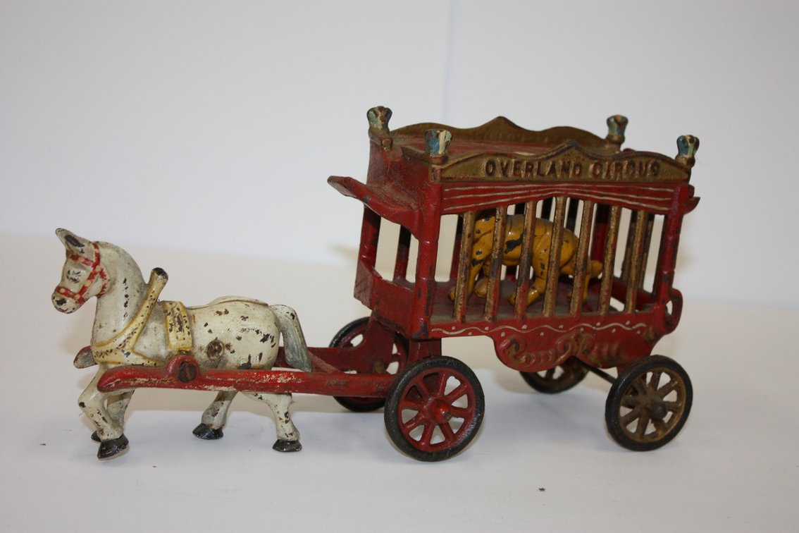 Vintage Cast-Iron Donkey-Drawn Overland Circus Wagon With Cast-Iron Lion
