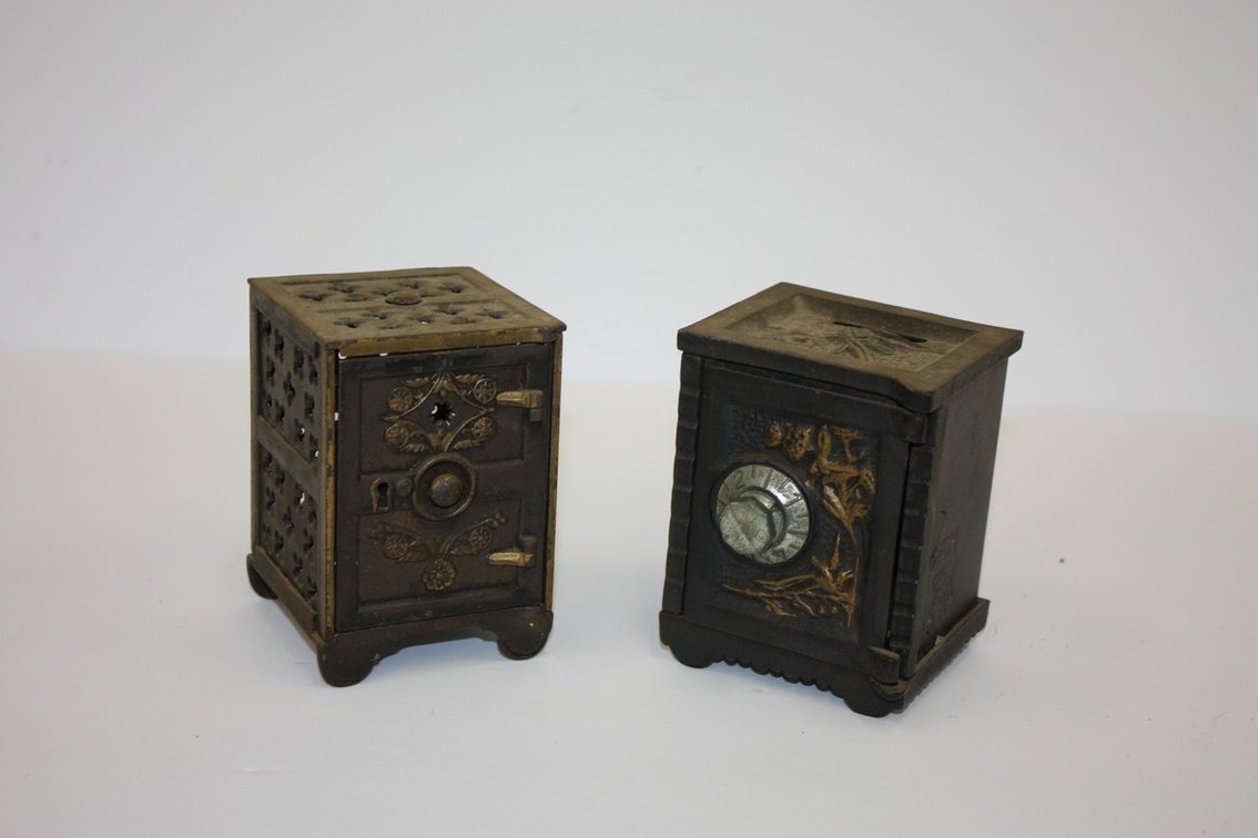 Lot Of Two Vintage Cast-Iron Coin Bank Safes