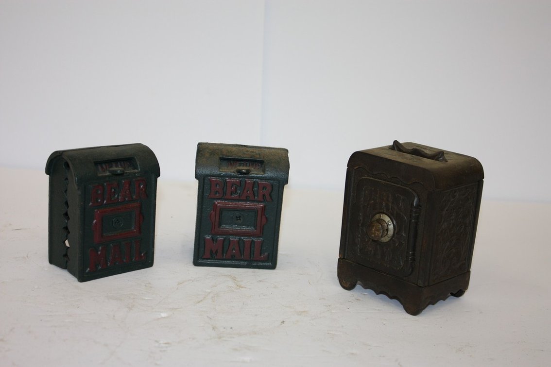 Lot Of Three Vintage Cast-Iron “Look Deposit” Bank And Bear Mail Coin