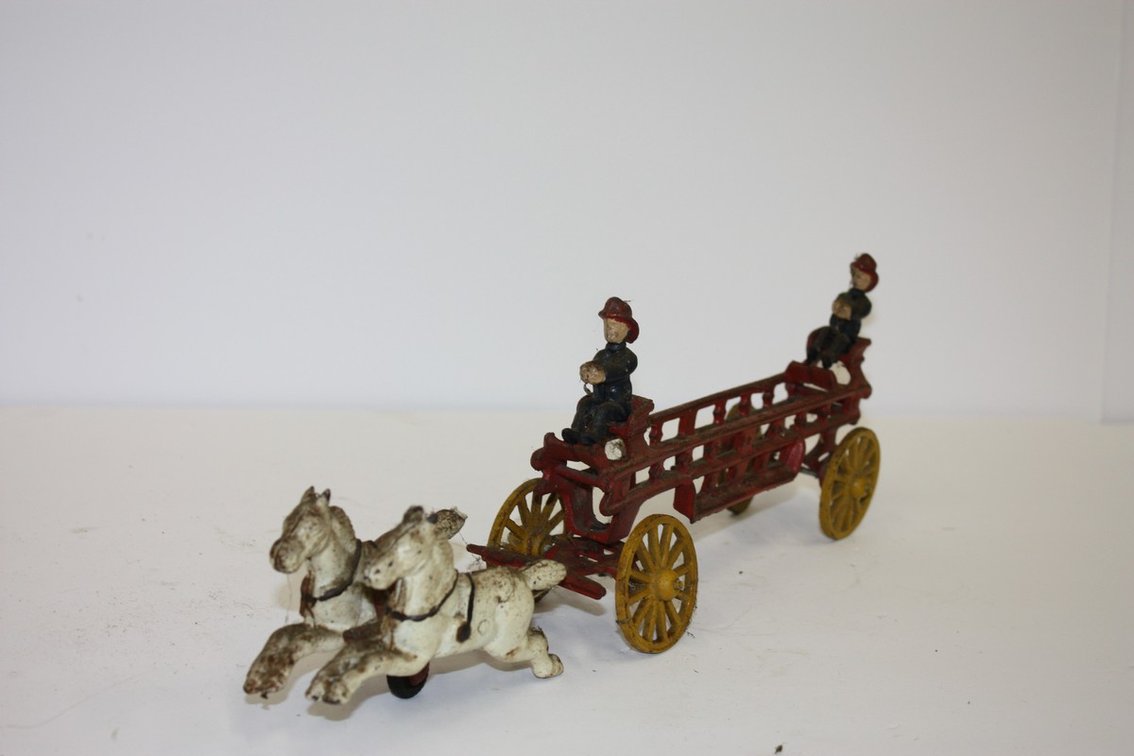 Vintage Cast-Iron Horse-Drawn Fire Truck With Firefighters,