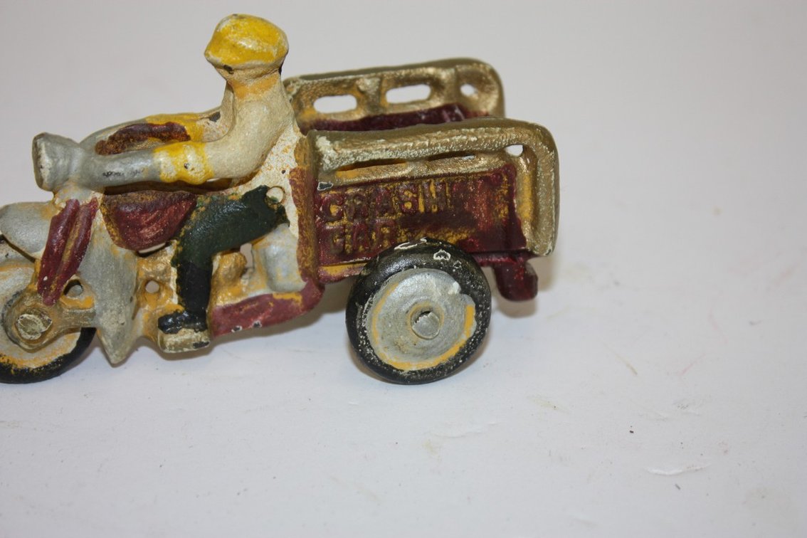 Vintage Cast-Iron Toy Motorcycle Crash Car, Possibly Reproduction