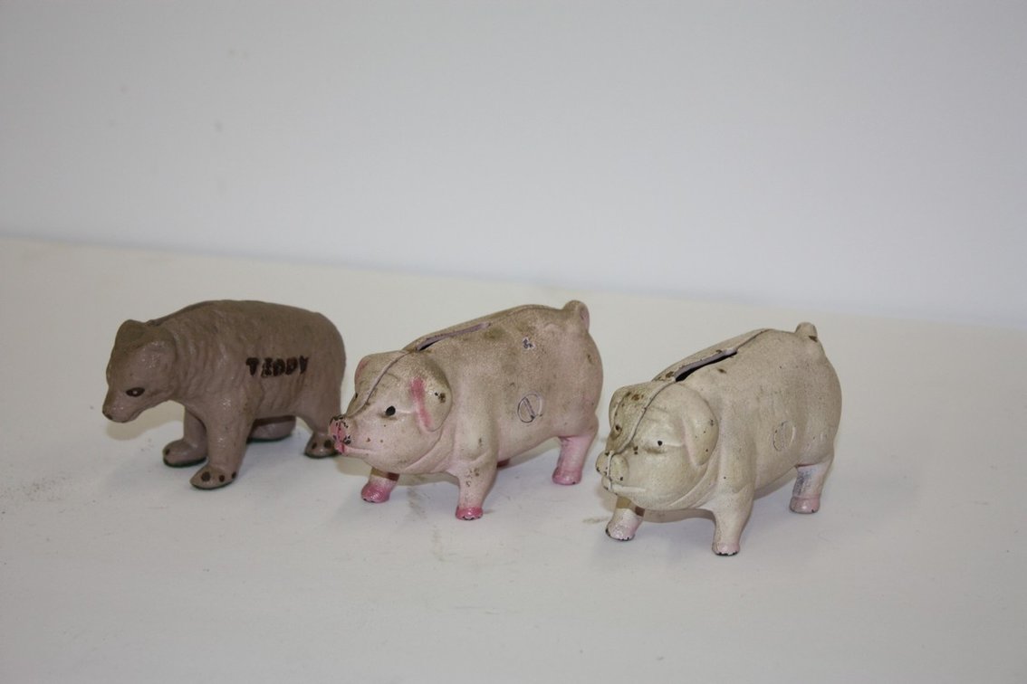Vintage Lot Of Three Cast-Iron Piggy Banks