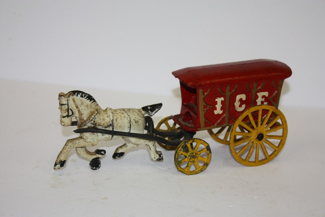 Vintage Cast-Iron Horse-Drawn Ice Delivery Wagon, Missing