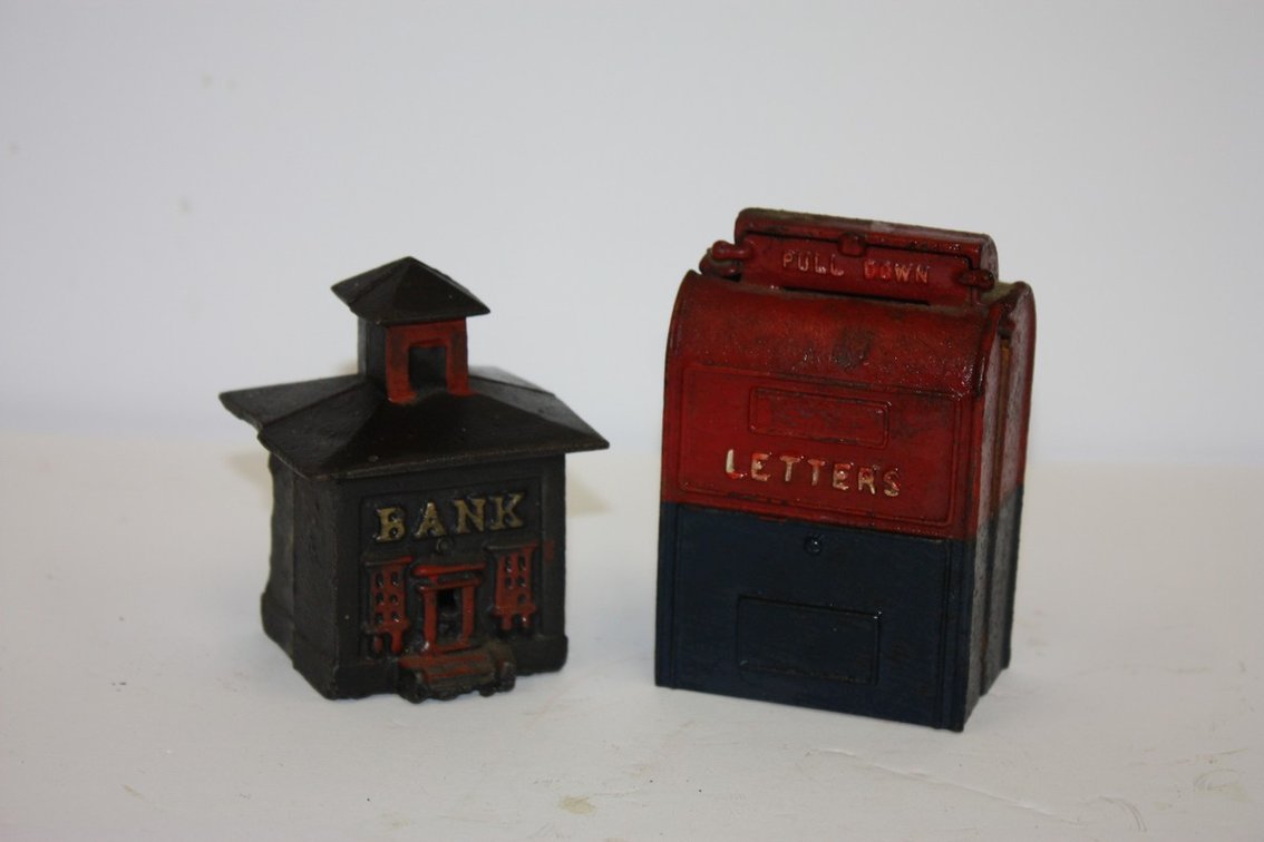 Vintage Lot Of Two Cast-Iron Mailbox And Building Coin Banks