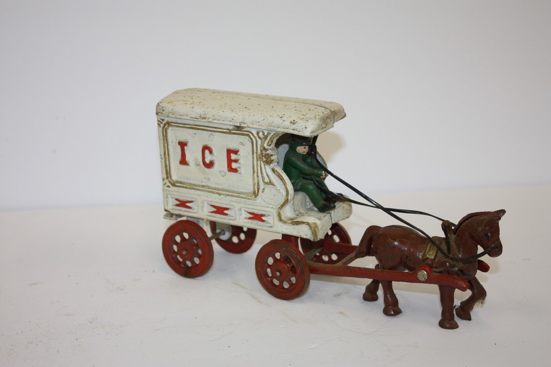 Vintage Cast-Iron Horse-Drawn Delivery Ice Cart Wagon With Driver