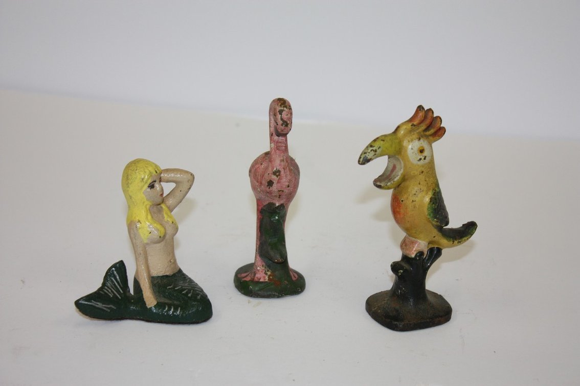 Lot Of Three Cast-Iron Figurines: Parrot, Flamingo, Mermaid