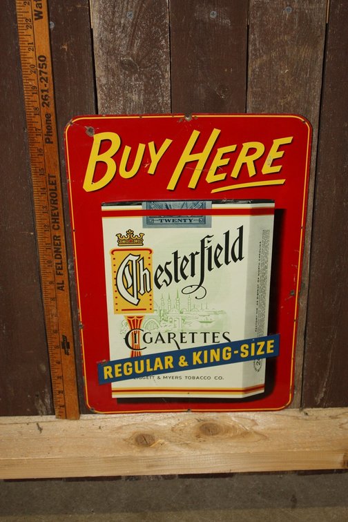 VINTAGE BUY HERE CHESTERFIELD CIGARETTES TIN TACKER ADVERTISING SIGN TOBACCO, ORIGINAL 18’’ BY 12”