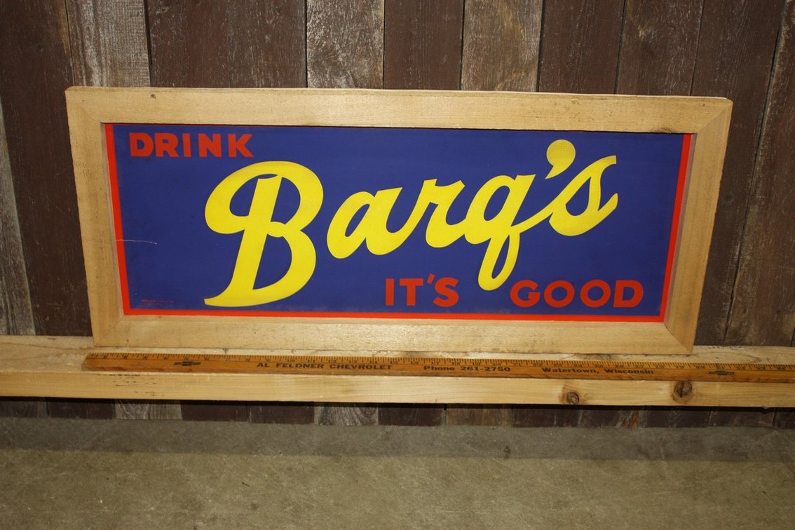 SCARCE VINTAGE 1940’S DRINK BARQ’S IT’S FOOD CHIPBOARD FRAMED ADVERTISING SIGN 30” BY 13”