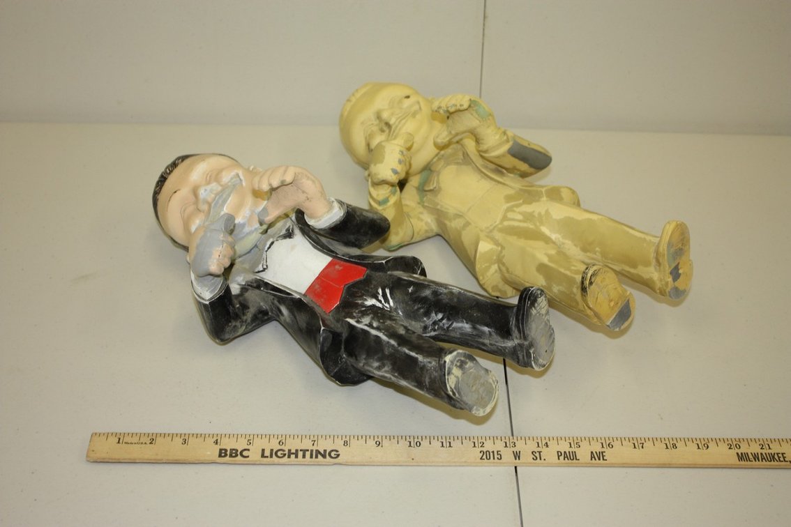 PAIR OF TWO VINTAGE PROTOTYPE SMILING CHARLIE STATUES BEER SERVERS 17” TALL
