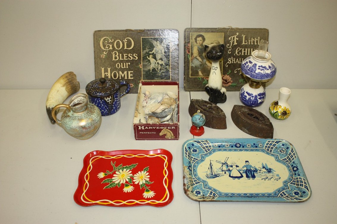 BOX LOT OF TRADITIONAL ANTIQUES, ENAMELWARE, BLUE CHINA, IRONS, SHELLS, POTTERY, AND MORE!