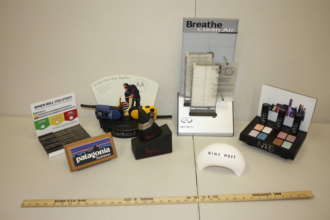 LARGE LOT OF 7 POINT OF SALE ADVERTISING DISPLAYS, PATAGONIA, HYUNDAI, NARS, MOTOROLA, AND MORE!
