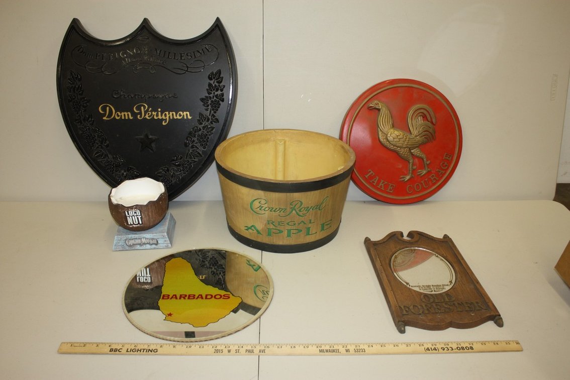 LARGE LOT OF VINTAGE BEER AND LIQUOR ADVERTISING SIGNS, OLD FORESTER, CROWN ROYAL, DOM PÉRIGNON, AND MORE!