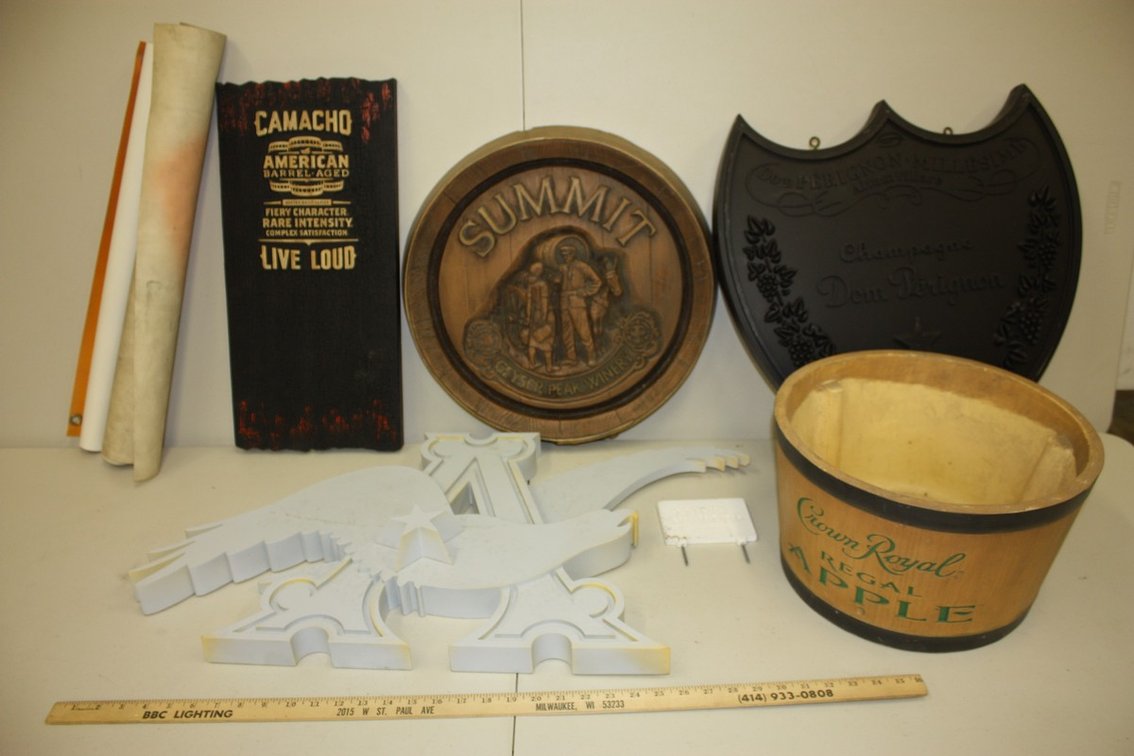 LARGE LOT OF VINTAGE BEER AND LIQUOR ADVERTISING SIGNS, SUMMIT, VROWN ROYAL, CAMACHO, ANHEUSER-BUSCH, AND MORE!