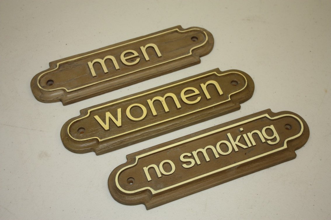 LOT OF THREE MOLDED CLASSIFICATION SIGNS, NO SMOKING, MEN'S AND WOMEN'S BATHROOMS, 11” LONG