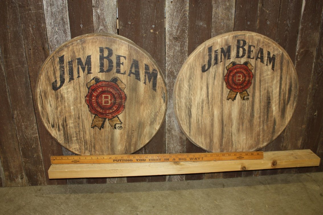 PAIR OF TWO JIM BEAM ROUND BARREL ENDS, POINT OF SALE WHISKY LIQUOR STORE DISPLAY SIGNS