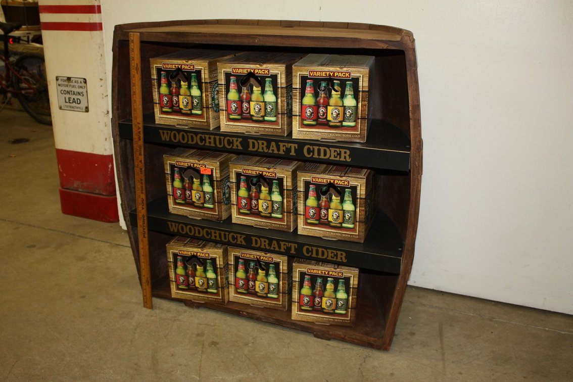 LARGE HALF BARREL WOODCHUCK DRAFT CIDER LIQUOR STORE POINT OF SALE STORE DISPLAY 39” TALL, 14” DEEP, 35” WIDE
