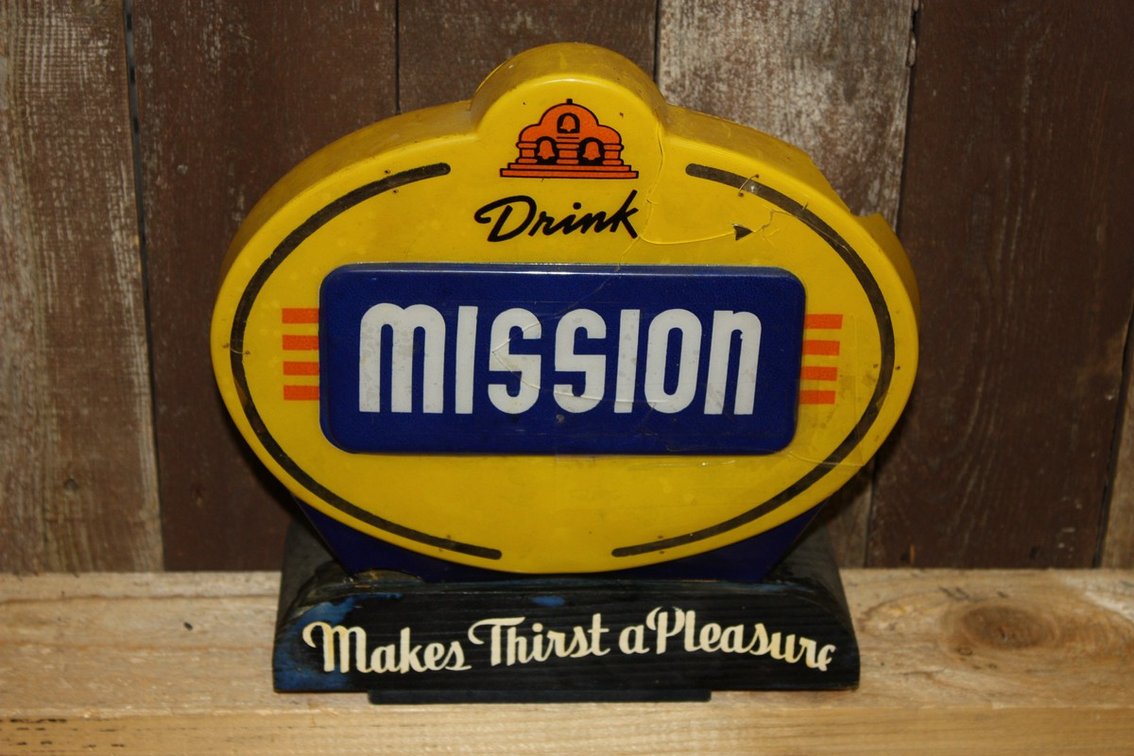 RARE DRINK MISSION SODA BEVERAGES LIGHT UP POINT OF SALE SIGN “MAKES THIRST A PLEASURE” (SOME DAMAGE NOTED)