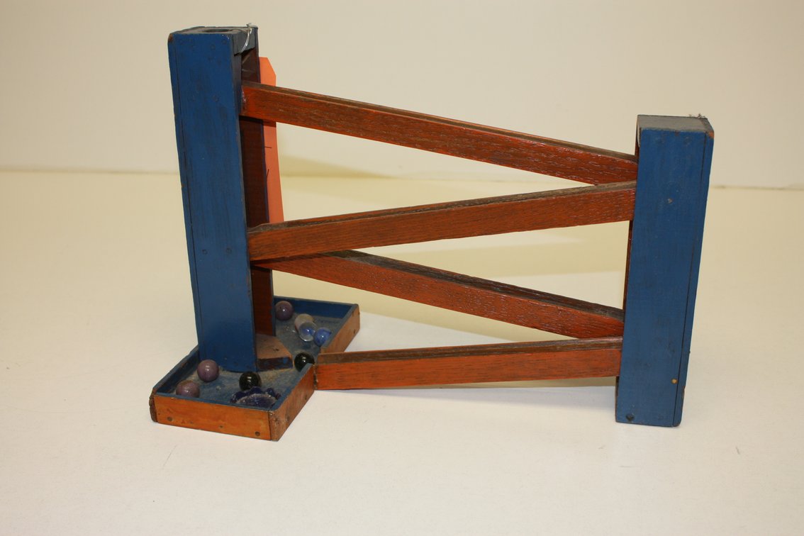 VINTAGE WOODEN MARBLE RUN, ROLLER, HANDMADE WITH MARBLES!