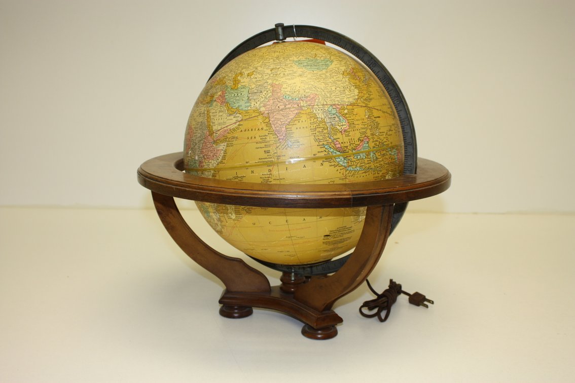 INCREDIBLE VINTAGE 12’’ LIGHT UP TABLE TOP GLOBE WITH WOODEN BASE GEORGE F. CRAM CO.