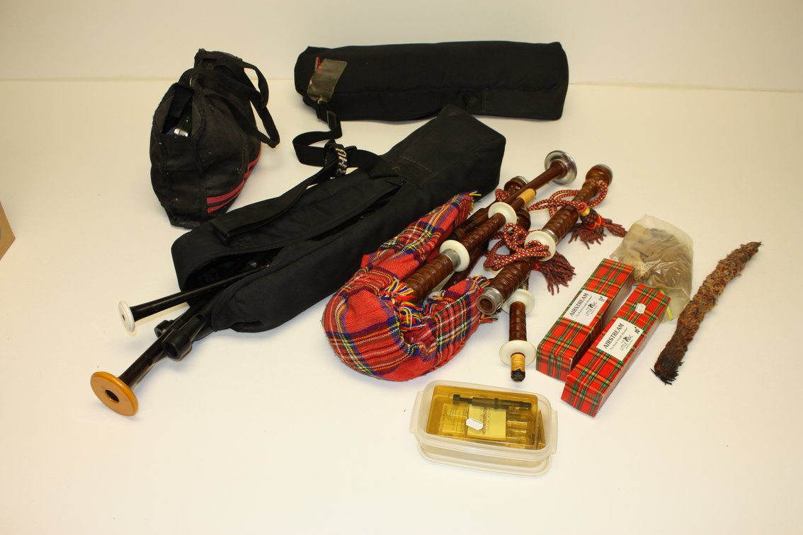 LARGE LOT OF PROFESSIONAL SCOTTISH HIGHLAND BAGPIPES, MANY EXTRA PARTS, PIECES, AND MORE!