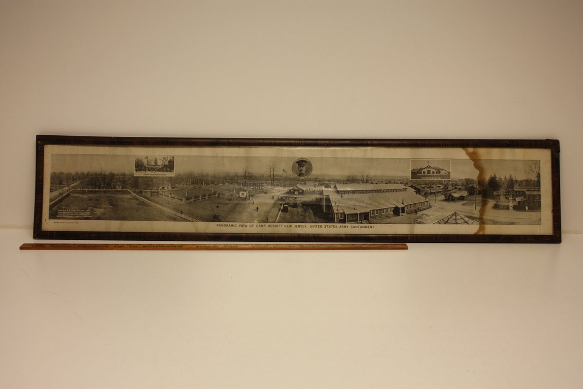 EARLY ANTIQUE WWI PANORAMIC VIEW OF CAMP MERRITT, NEW JERSEY, US ARMY CONTONMENT FRAMED PICTURE, 52’’ X 10’’