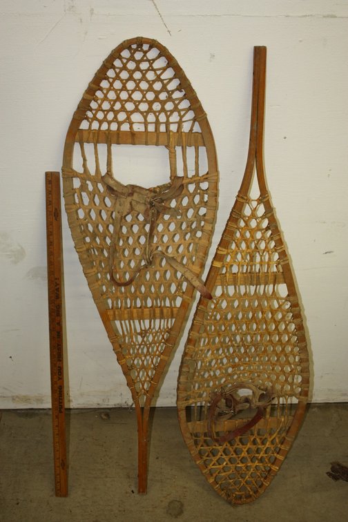 Pair of Antique Wooden Snow Shoes with Rawhide, Lacing and Bindings 48in