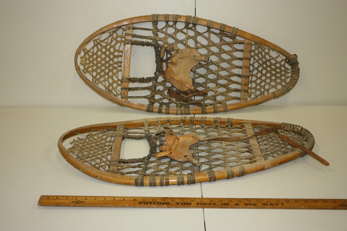 Pair of Antique Wooden Snow Shoes with Rawhide, Lacing and Bindings 32in