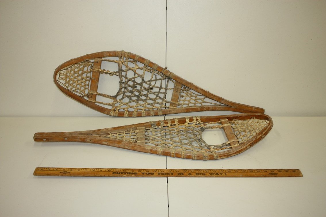 Pair of Antique Wooden Snow Shoes with Rawhide, Lacing and Bindings 36in
