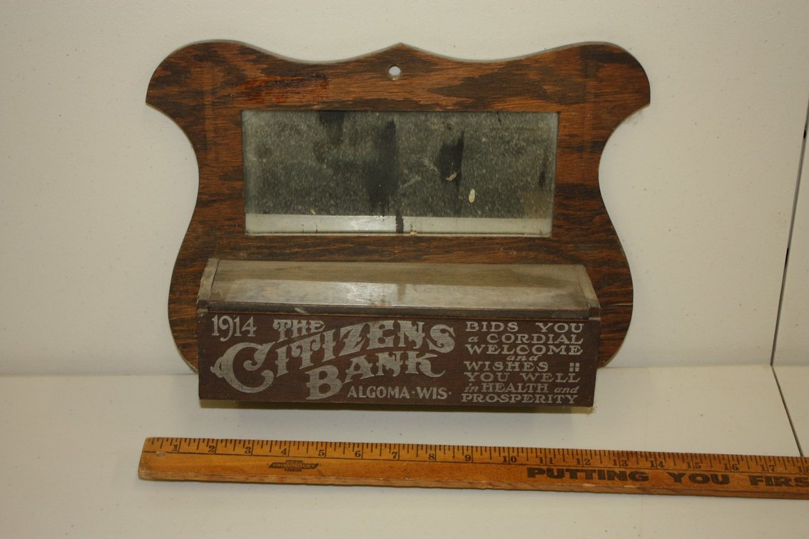 Antique 1914 the Citizens Bank of Algoma, Wisconsin Advertising Mirror with Storage
