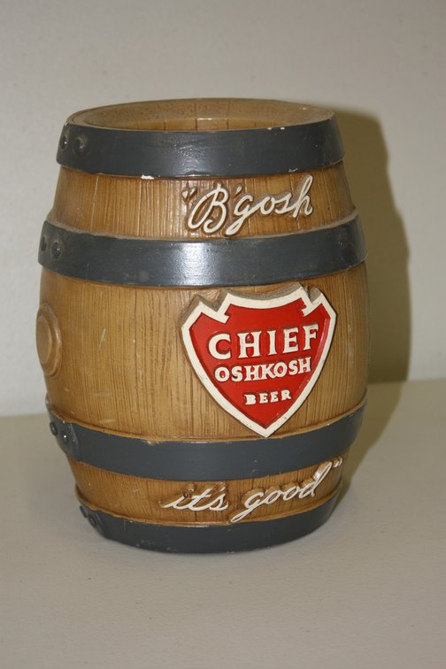 Antique Chief Oshkosh, Beer Barrel Coin Bank Chalkware 8in