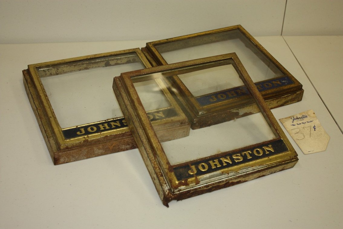 Vintage Robert A Johnston Company biscuit display case windows, set of 3, 1930’s