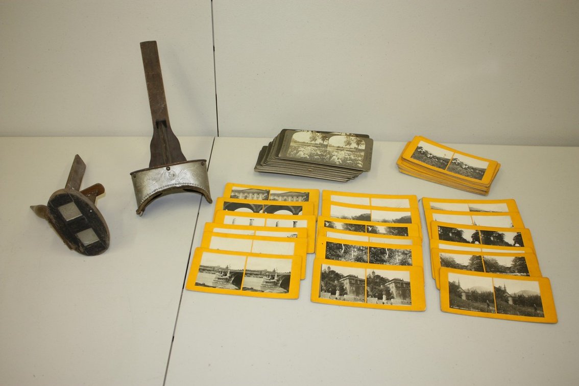 Pair of Two Antique Stereoscope Stereo Viewer with Stack of Cards