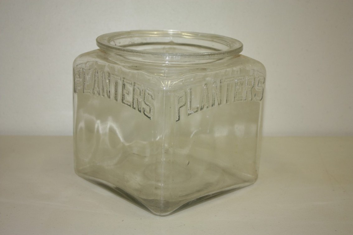 Vintage Planters Peanuts, Square Glass Jar, Without Lid, Countertop Store Display Embossed