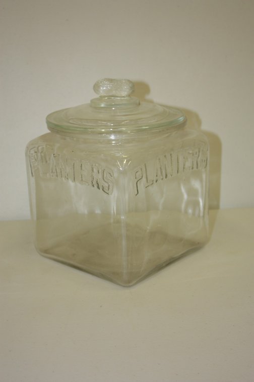 Vintage Planters Peanuts, Square Glass Jar, with Peanut Lid, Countertop Store Display Embossed