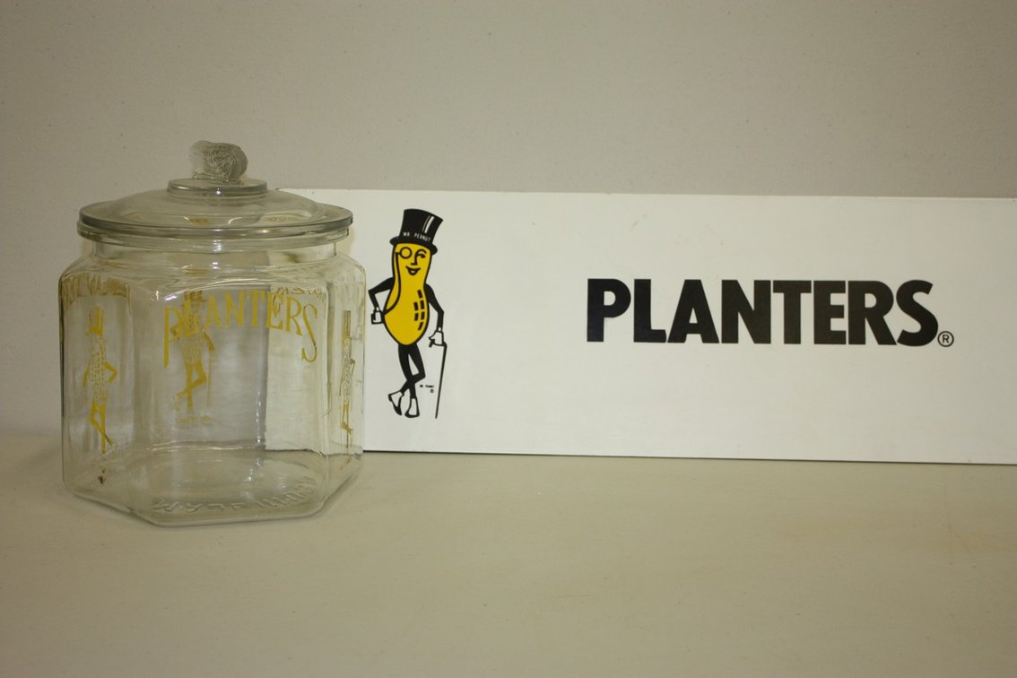 Vintage Planters Peanuts, Square Glass Jar, with Peanuts Lid, Countertop Store Display with Planters Sign